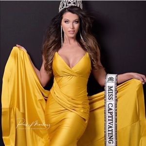 Long flowing mustard gown